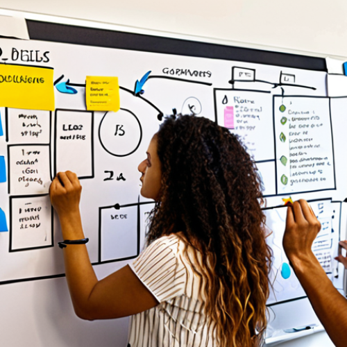 Home 19 ** A diverse team collaborating around a whiteboard covered in sticky notes and diagrams, representing "Build-Measure-Learn" cycle, emphasizing rapid prototyping and user feedback in Lean UX. Include elements suggesting a modern, agile workspace in Brazil.
**
