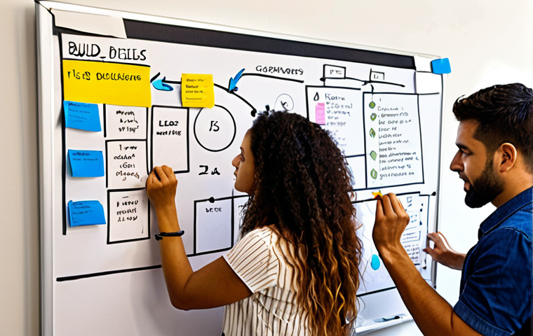 ** A diverse team collaborating around a whiteboard covered in sticky notes and diagrams, representing "Build-Measure-Learn" cycle, emphasizing rapid prototyping and user feedback in Lean UX. Include elements suggesting a modern, agile workspace in Brazil.
**
