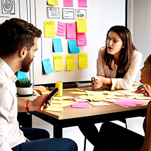Home 18 **
A diverse team passionately brainstorming ideas for a new app feature, surrounded by sticky notes and sketches in a brightly lit office. Emphasize the collaborative and creative energy.
**