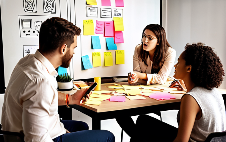 **
A diverse team passionately brainstorming ideas for a new app feature, surrounded by sticky notes and sketches in a brightly lit office. Emphasize the collaborative and creative energy.
**