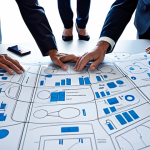 A striking visual metaphor for business transformation: On one side, a rigid, cracked, and dusty old business blueprint, signifying outdated static planning. On the other, vibrant, interconnected glowing data streams and agile human figures collaboratively iterating around a holographic user interface, representing dynamic Lean UX principles and continuous adaptation in business model innovation. Modern, collaborative office setting with a bright, forward-looking atmosphere.