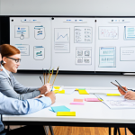 A diverse team of professionals in a modern, collaborative office space, engaged in a Lean UX brainstorming session. One person sketches low-fidelity wireframes on a large whiteboard, while others are gathered around a table reviewing a stack of paper prototypes and sticky notes. The atmosphere is dynamic and focused, emphasizing rapid experimentation and iterative design. All individuals are fully clothed in professional business attire, suitable for a corporate environment. The image should convey innovation and teamwork, with perfect anatomy, correct proportions, well-formed hands, proper finger count, and a natural pose. This is a safe for work, appropriate content, professional, and family-friendly image, with high-quality studio lighting and sharp focus.