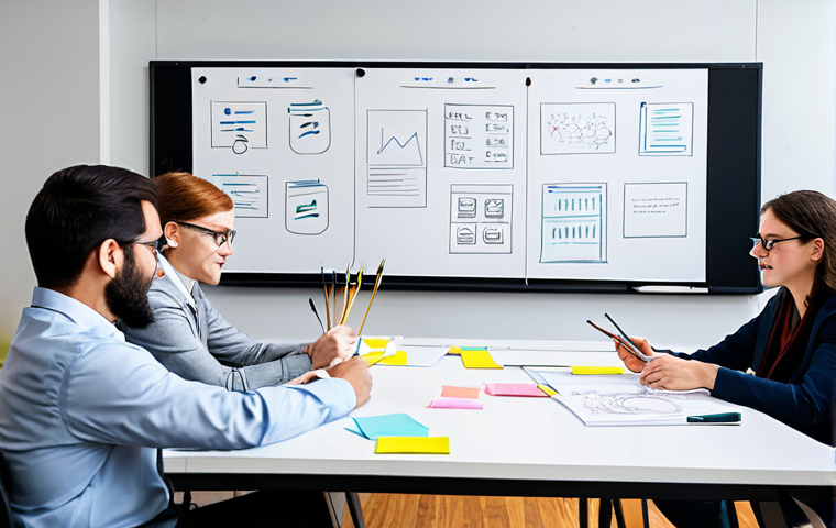 A diverse team of professionals in a modern, collaborative office space, engaged in a Lean UX brainstorming session. One person sketches low-fidelity wireframes on a large whiteboard, while others are gathered around a table reviewing a stack of paper prototypes and sticky notes. The atmosphere is dynamic and focused, emphasizing rapid experimentation and iterative design. All individuals are fully clothed in professional business attire, suitable for a corporate environment. The image should convey innovation and teamwork, with perfect anatomy, correct proportions, well-formed hands, proper finger count, and a natural pose. This is a safe for work, appropriate content, professional, and family-friendly image, with high-quality studio lighting and sharp focus.