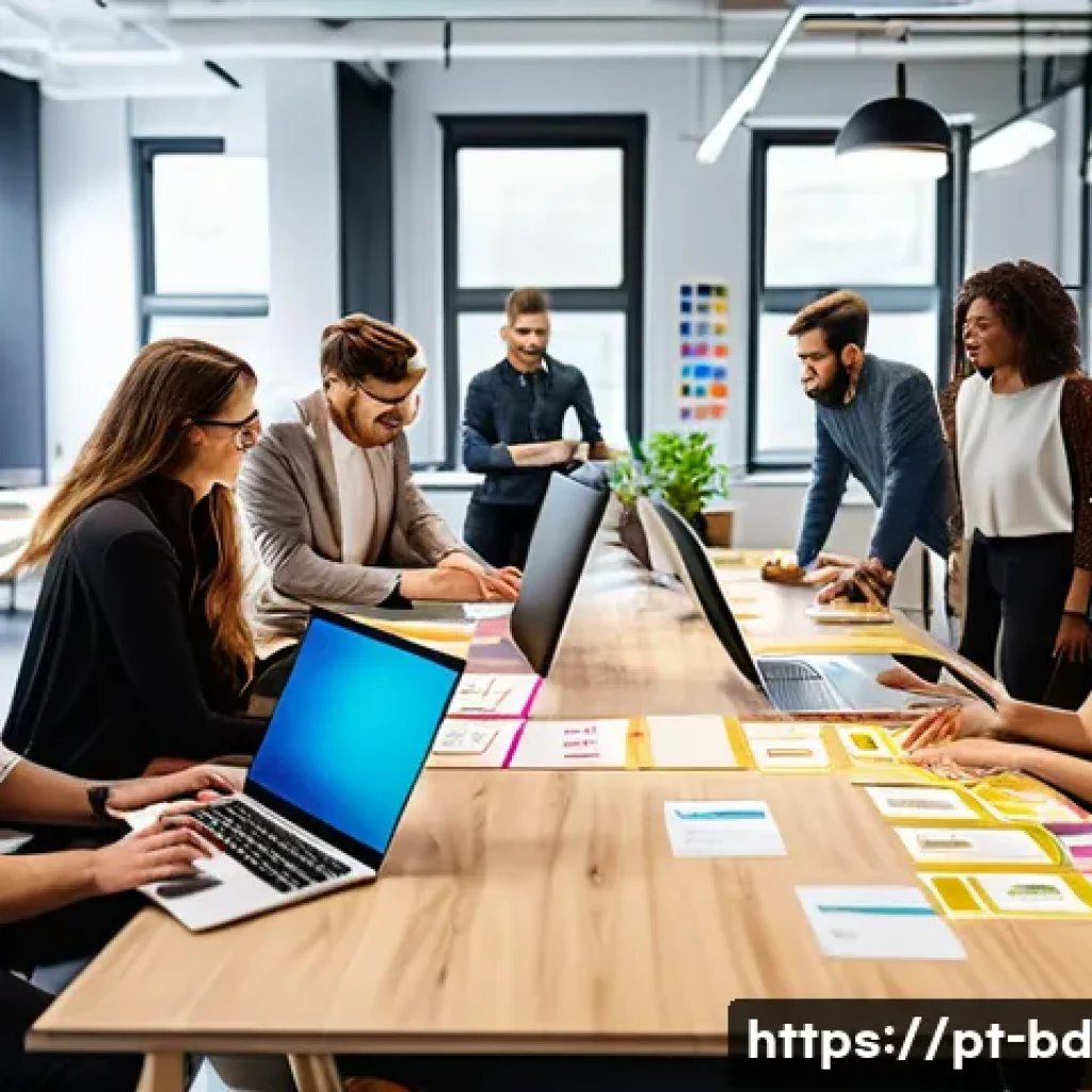 린 UX 프로세스의 변화 관리 - A modern agile UX team collaborating in a bright, open office space with diverse professionals inclu...