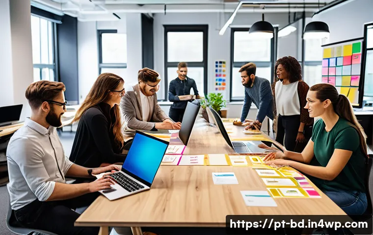 린 UX 프로세스의 변화 관리 - A modern agile UX team collaborating in a bright, open office space with diverse professionals inclu...
