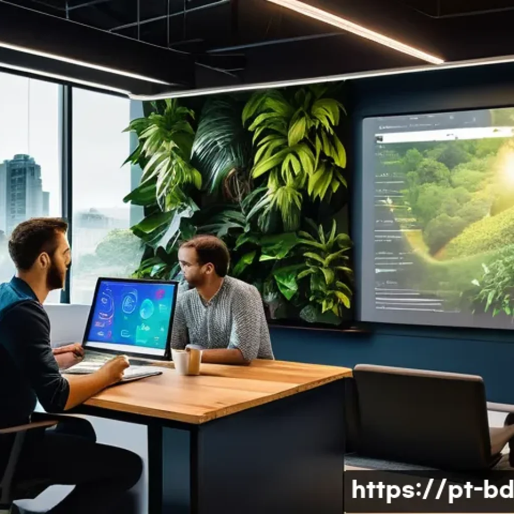 린 UX 프로세스와 비즈니스 목표 일치하기 - A modern Brazilian fintech office environment with a diverse team of professionals collaborating aro...