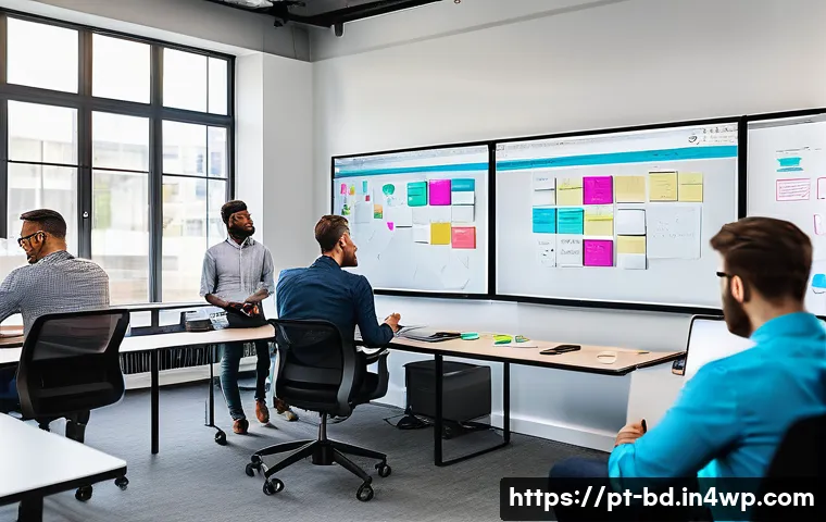 린 UX 프로세스에서의 사용자 요구 반영하기 - A modern tech office scene showing a diverse team of professionals engaged in a user experience work...