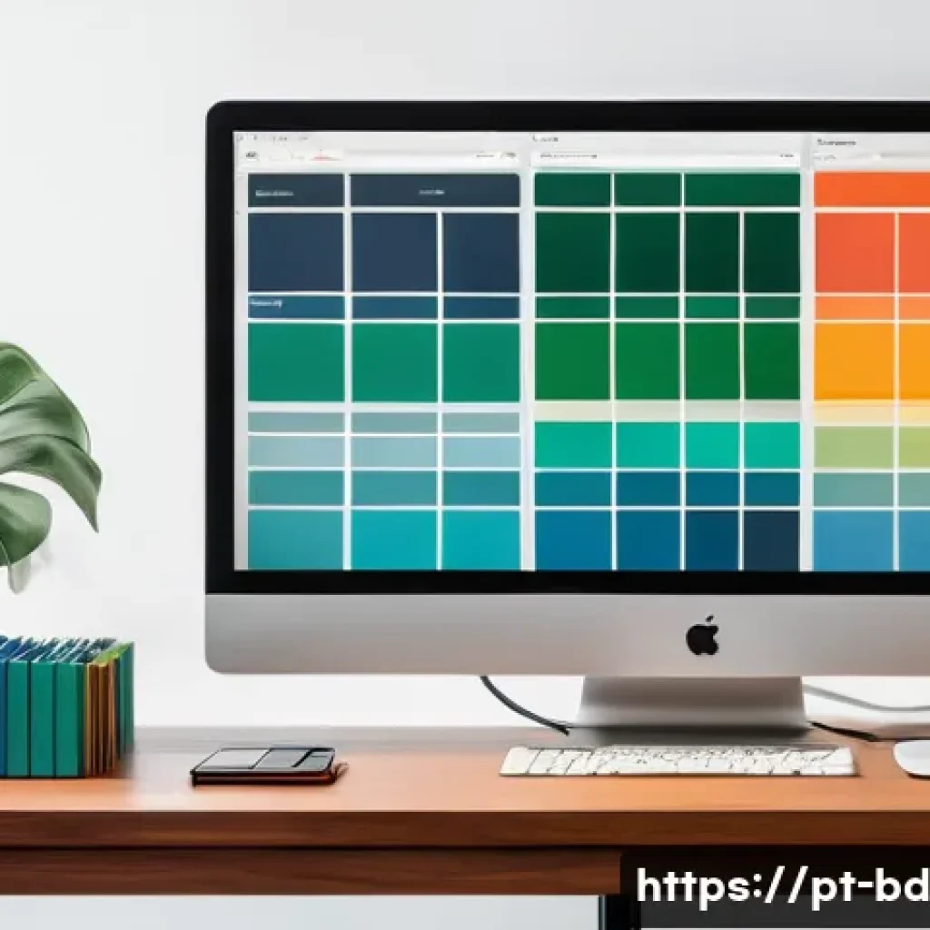 린 UX 프로세스에서의 시각적 설계 요소 - A modern digital workspace showcasing a Lean UX design process with a focus on color psychology: a s...